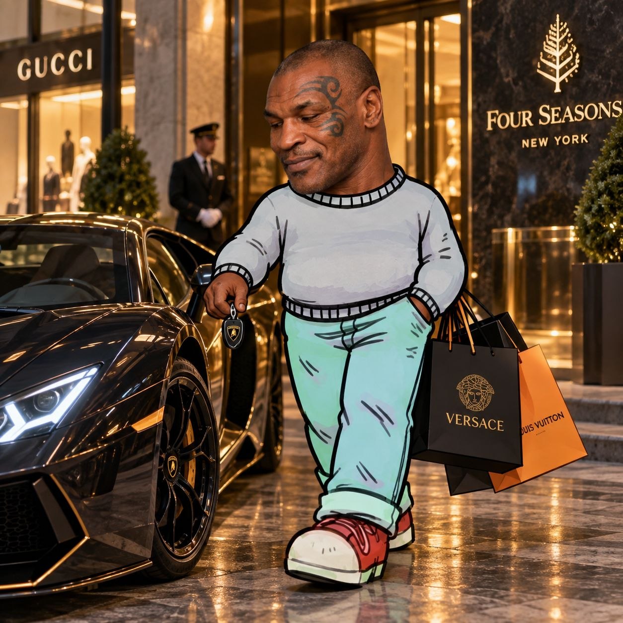 Chillson outside Four Seasons with Versace and Louis Vuitton bags