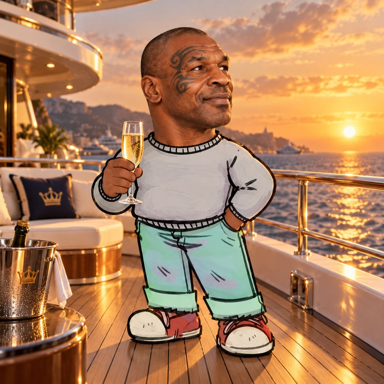 Chillson on a yacht deck at sunset with champagne